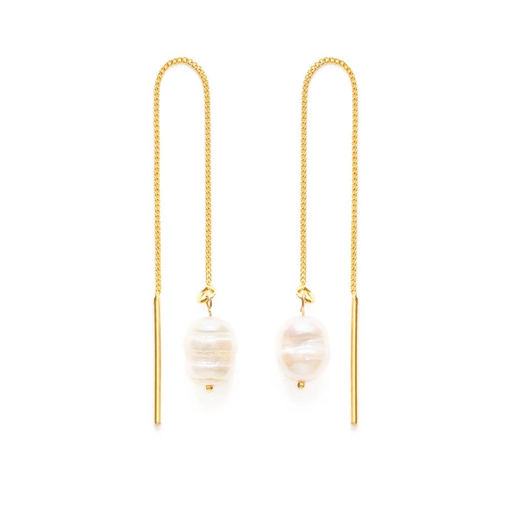 Freshwater Pearl Threader Earrings - 14k Gold Dipped, Eco-Friendly