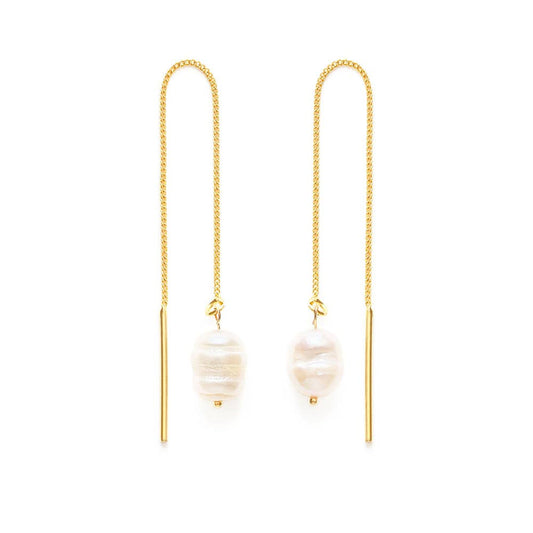 Freshwater Pearl Threader Earrings - 14k Gold Dipped, Eco-Friendly